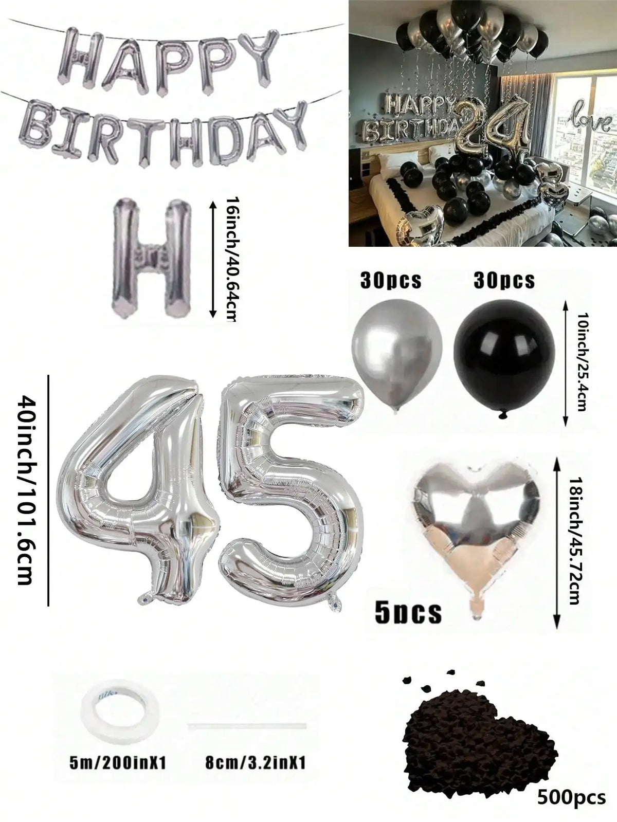 Un juego de globos con números grandes, formas de corazón y confeti en papel metálico plateado y negro.