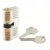 A clear plastic locksmith practice key with a metal blade and a corresponding silver key.