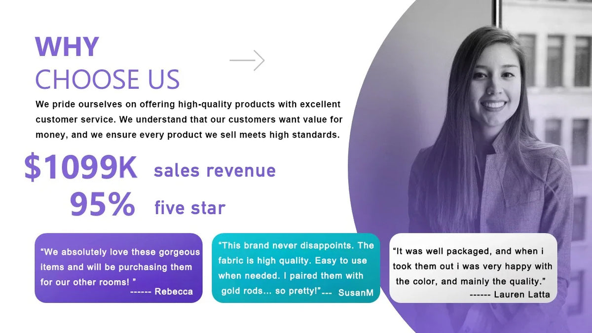A woman smiling in a professional setting next to text highlighting sales revenue and customer satisfaction reviews.