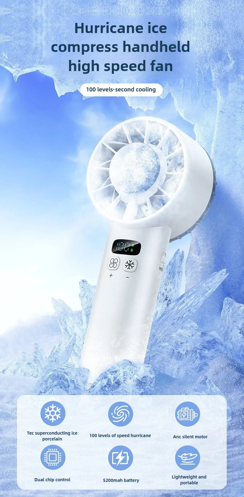 A white handheld ice compress fan with controls and a fan blade is shown against a blue icy background.