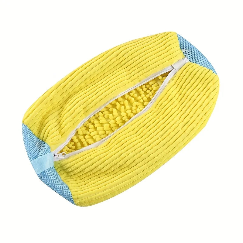 Yellow and blue durable shoe washing bag with a mesh interior