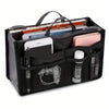 Black foldable cosmetic organizer pouch holding various makeup and personal items.