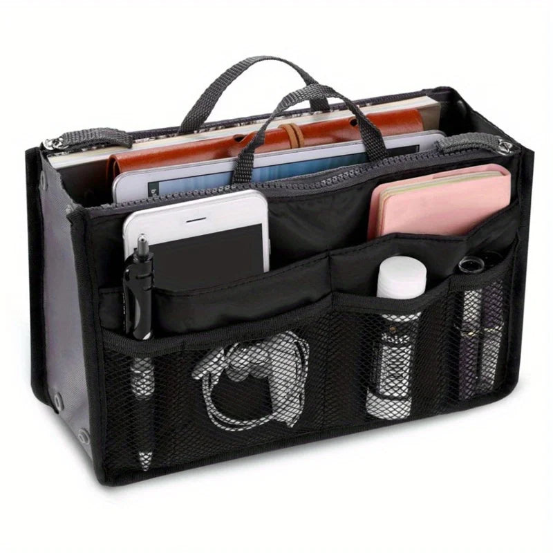 Black foldable cosmetic organizer pouch holding various makeup and personal items.
