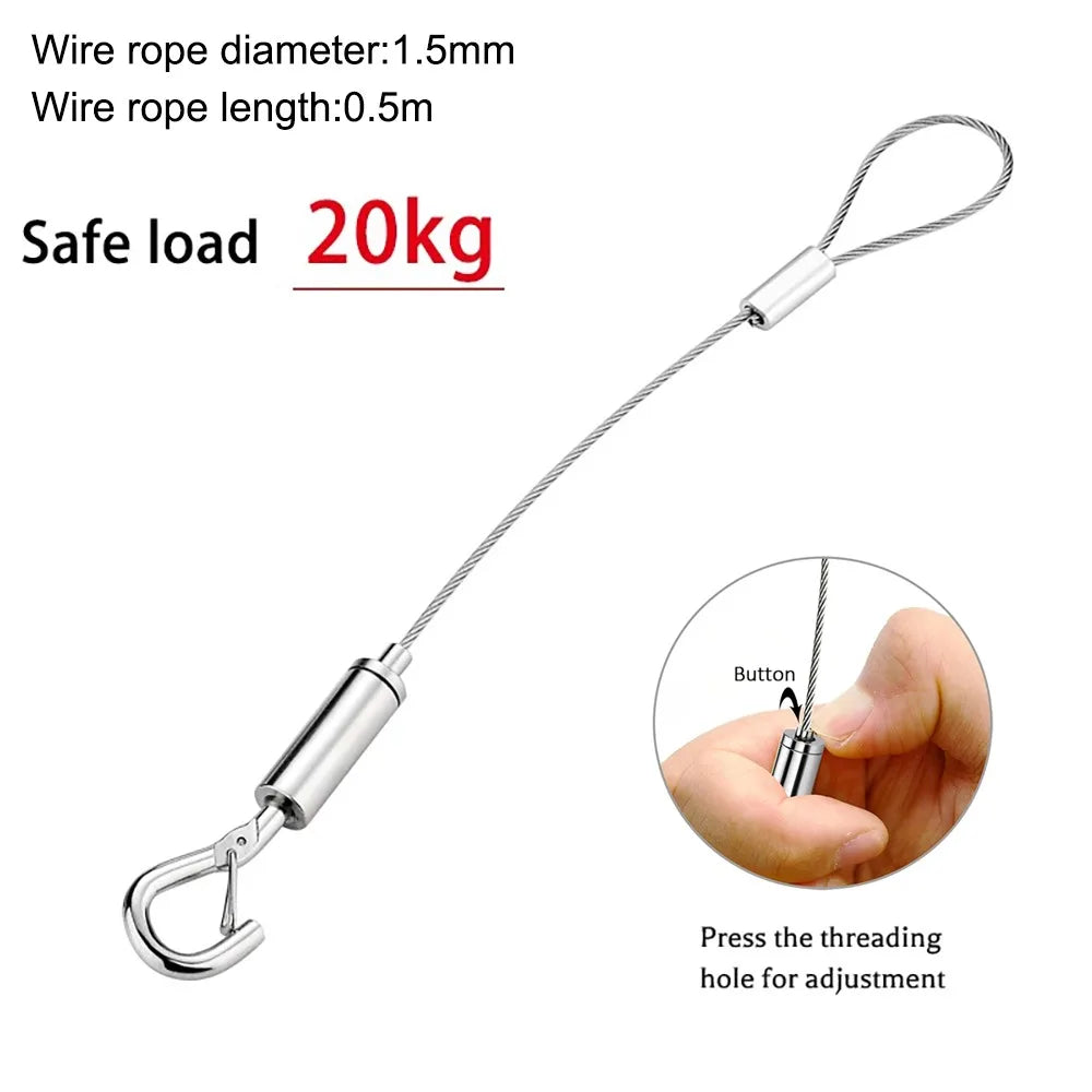 Stainless steel wire rope hanging kit with a 1.5mm diameter rope and a 20kg safe load.