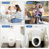 A set of disposable toilet seat covers shown in various contexts including potty training, traveling, and an airport restroom