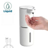 A white touchless electric soap dispenser is shown with a hand dispensing liquid soap.