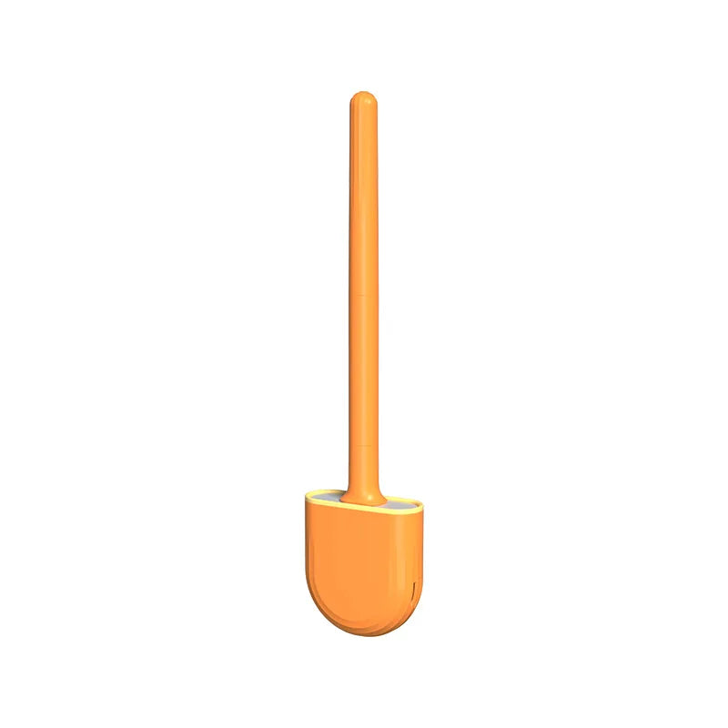 Brosse à vaisselle silicone orange fixée au mur avec une longue poignée.