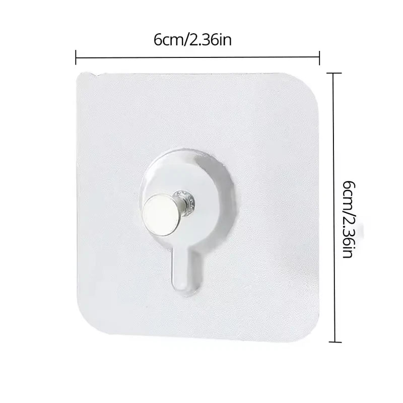 A white adhesive hook for walls with a round mounting plate and a protruding hook.