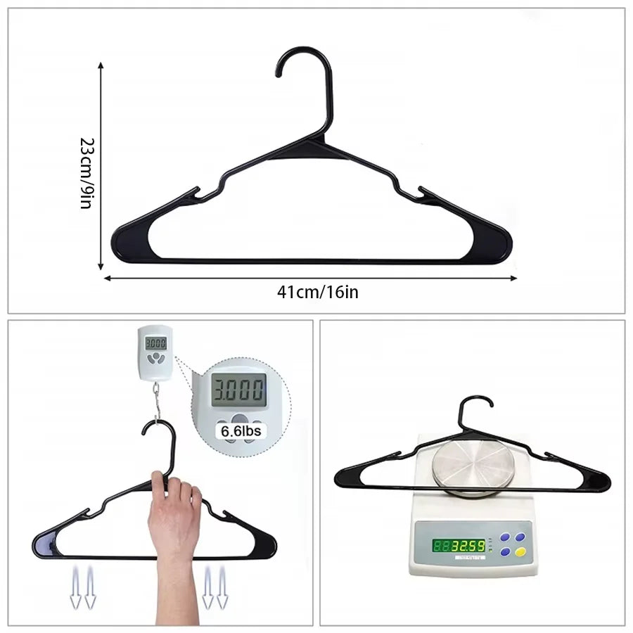 A black plastic clothes hanger with a digital scale measuring 6.6 lbs is shown.