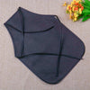 A dark navy blue non-woven craft apron is shown against a beige background with some yellow flowers.