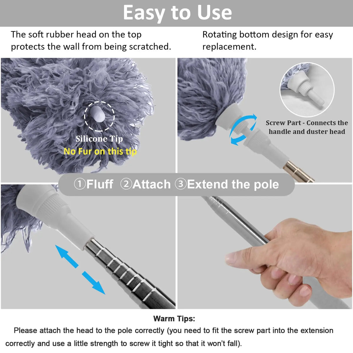 An extendable microfiber duster with a soft rubber head and rotating bottom design shown in various usage steps.