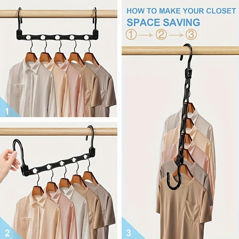 Three steps showing how to use multi-pack plastic clothes hangers for closet space saving