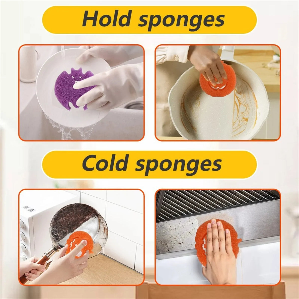 Image showing how to hold and use sponges for dish scrubbing, including cold and regular sponges.