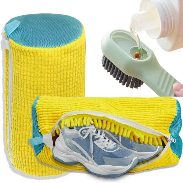 Yellow laundry bag with a shoe inside, showing a cleaning brush being used.