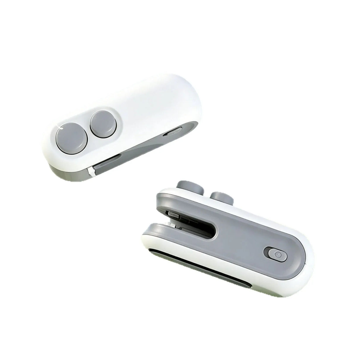 A white handheld bag sealer and cutter device with two control buttons.