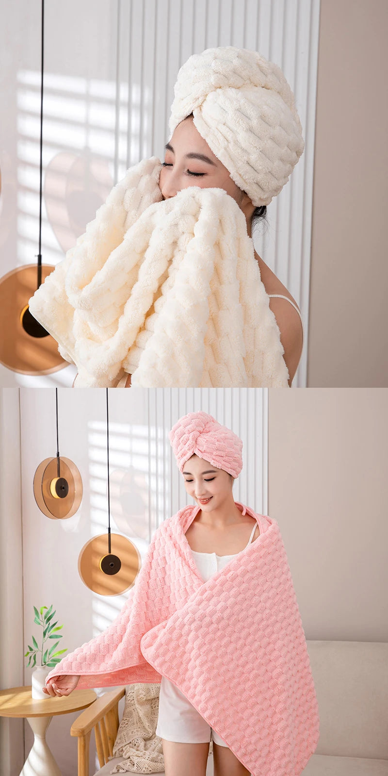 A woman is wrapped in a thick pink microfiber bath towel and matching head wrap.
