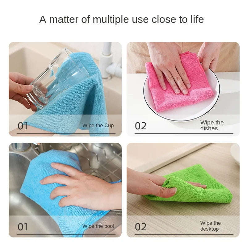Demonstration of multiple uses for thickened microfiber cleaning cloths, including wiping a cup, dishes, pool, and desktop.