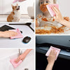 Hands are shown using reusable pink microfiber cleaning cloths to clean a dog, a surface, and a sink.