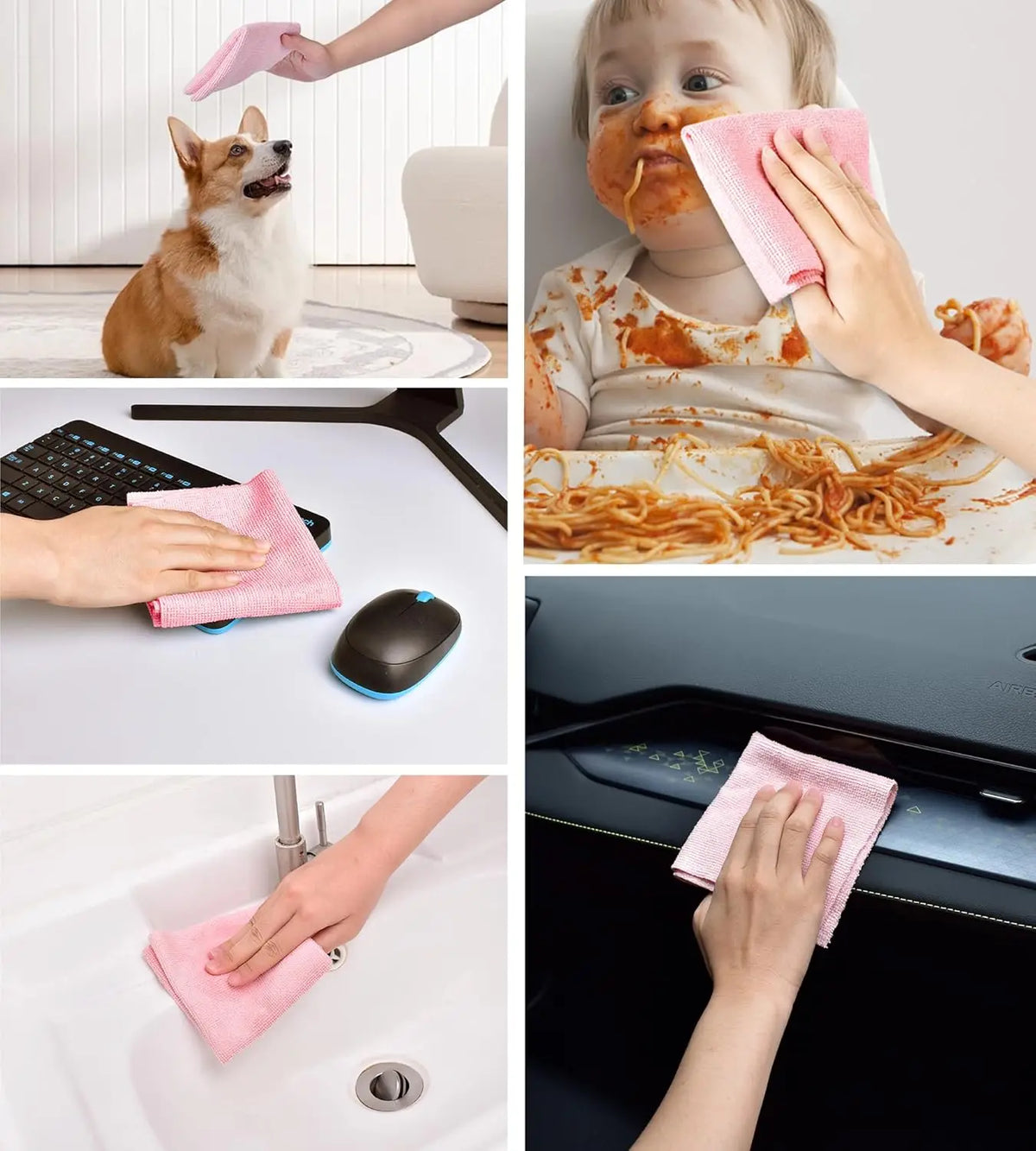 Hands are shown using reusable pink microfiber cleaning cloths to clean a dog, a surface, and a sink.