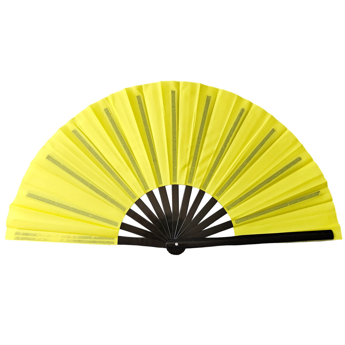 Ventilateur de bambou traditionnel jaune avec poignée noire et lattes rayonnantes