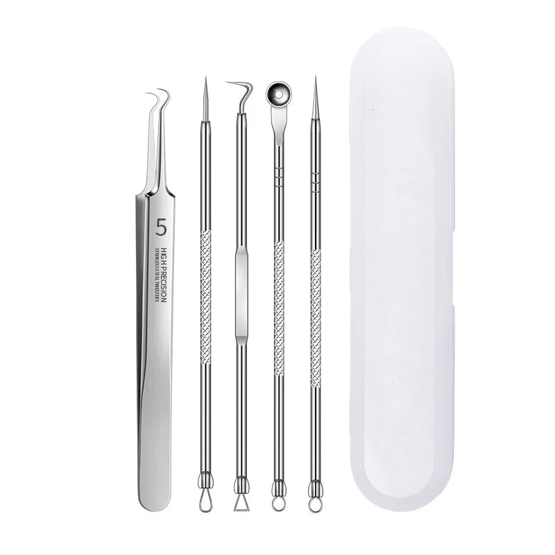 Stainless steel acne and blackhead remover kit with various tools and a storage case
