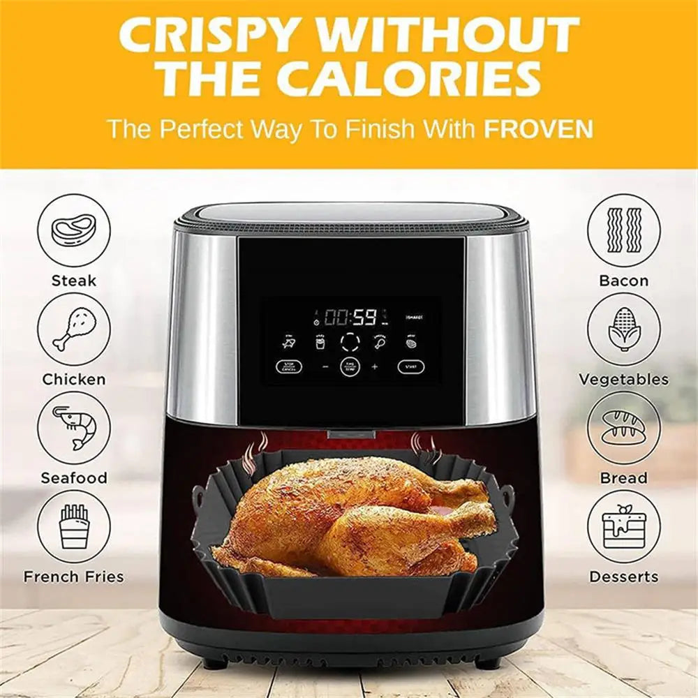 A digital air fryer appliance is shown with a roasted chicken inside, surrounded by various food icons.