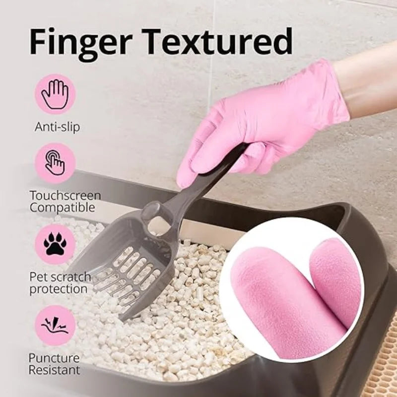 Pink finger textured gloves are shown handling pet food in a dark container.