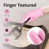 Pink finger textured gloves are shown in use for pet grooming, highlighting anti-slip and puncture resistant features.