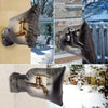 A dark gray reusable insulated faucet cover is shown in various outdoor settings, including snowy landscapes.
