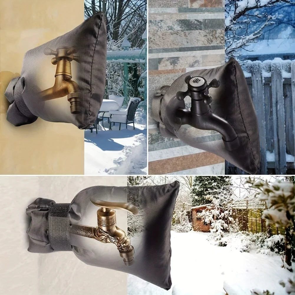A dark gray reusable insulated faucet cover is shown in various outdoor settings, including snowy landscapes.