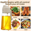 A clear glass oil spray bottle filled with golden yellow oil, shown next to images of food preparation.