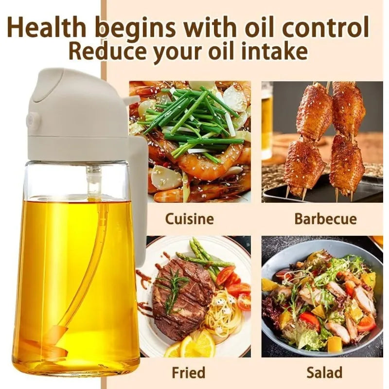 A clear glass oil spray bottle filled with golden yellow oil, shown next to images of food preparation.