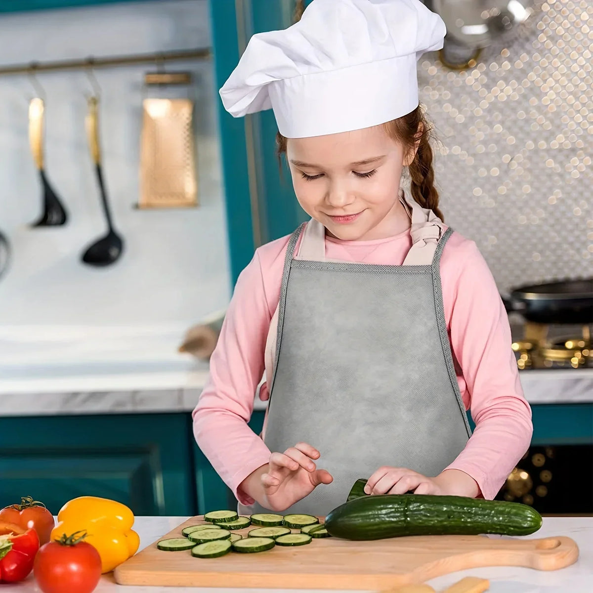 A young girl wearing a white chef hat and a gray apron is preparing cucumbers on a wooden cutting board.