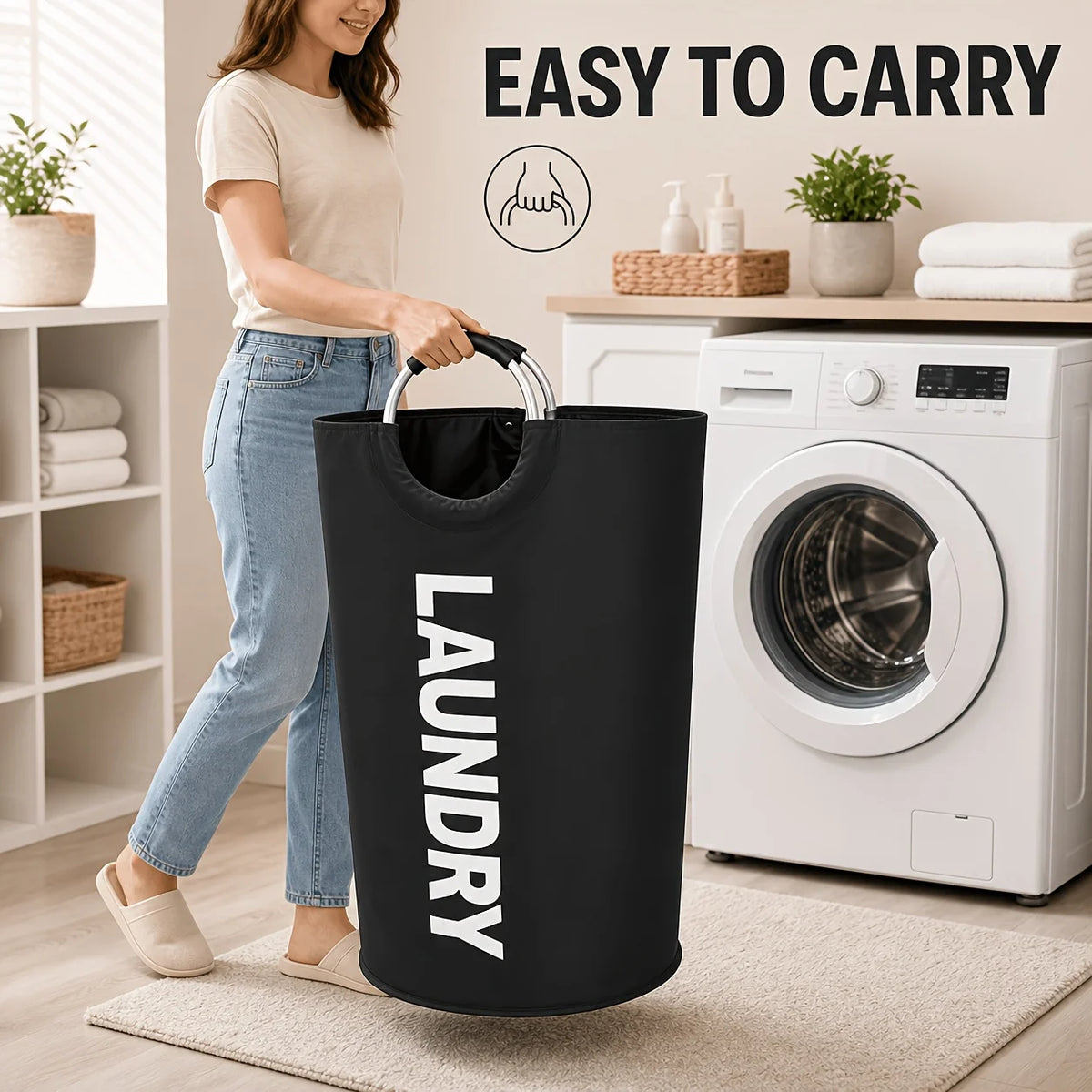 A woman is carrying a black laundry hamper with a handle, standing next to a white washing machine.