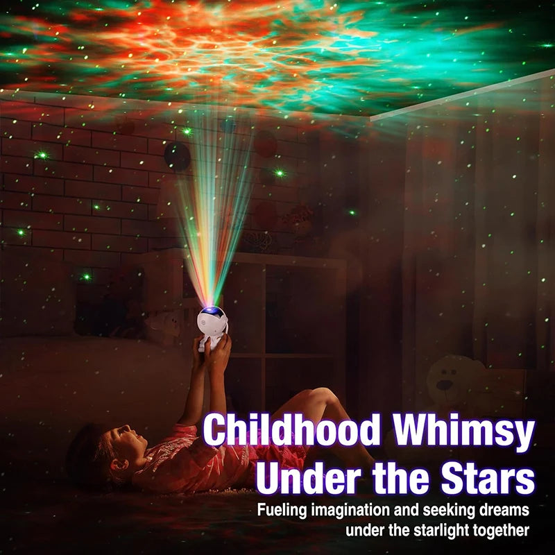A glowing projector casts star-like beams onto a dark room, illuminating the text Childhood Whimsy Under the Stars.