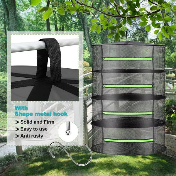 A multi-layer mesh herb drying rack with a metal hook and lime green accents hanging outdoors.