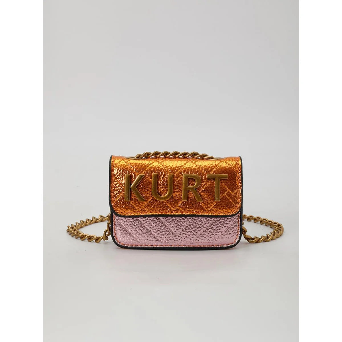A gold and pink magnetic crossbody bag with a leather texture and a letter flap.