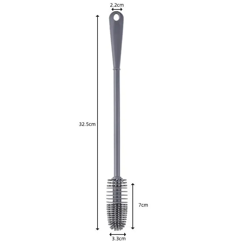 A long, slender silicone bottle brush with a textured head and handle, shown vertically.