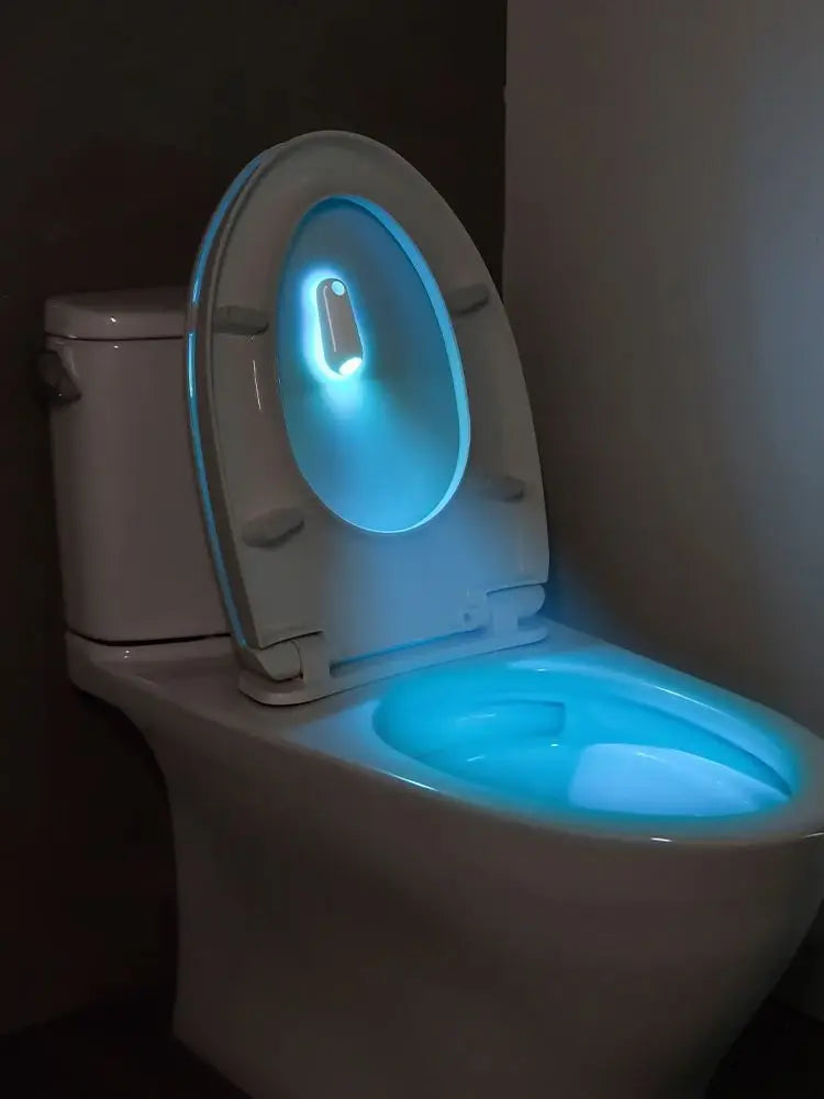 A white toilet with a built-in light fixture glowing blue inside the seat.