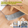 A gray microfiber dust duster is shown cleaning seams and crevices on a wooden drawer and ceiling.