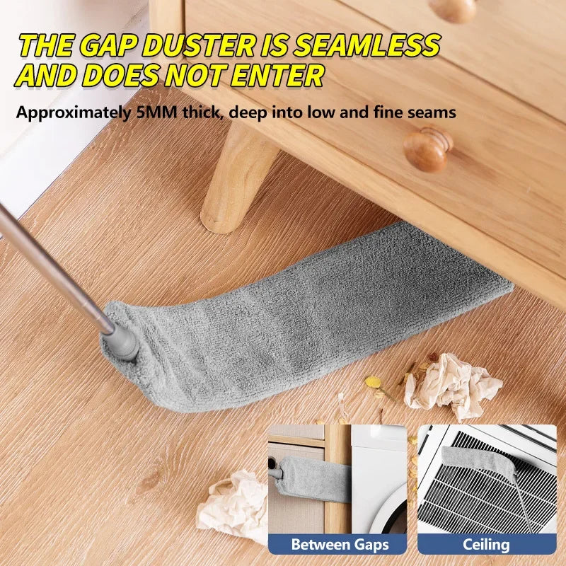 A gray microfiber dust duster is shown cleaning seams and crevices on a wooden drawer and ceiling.