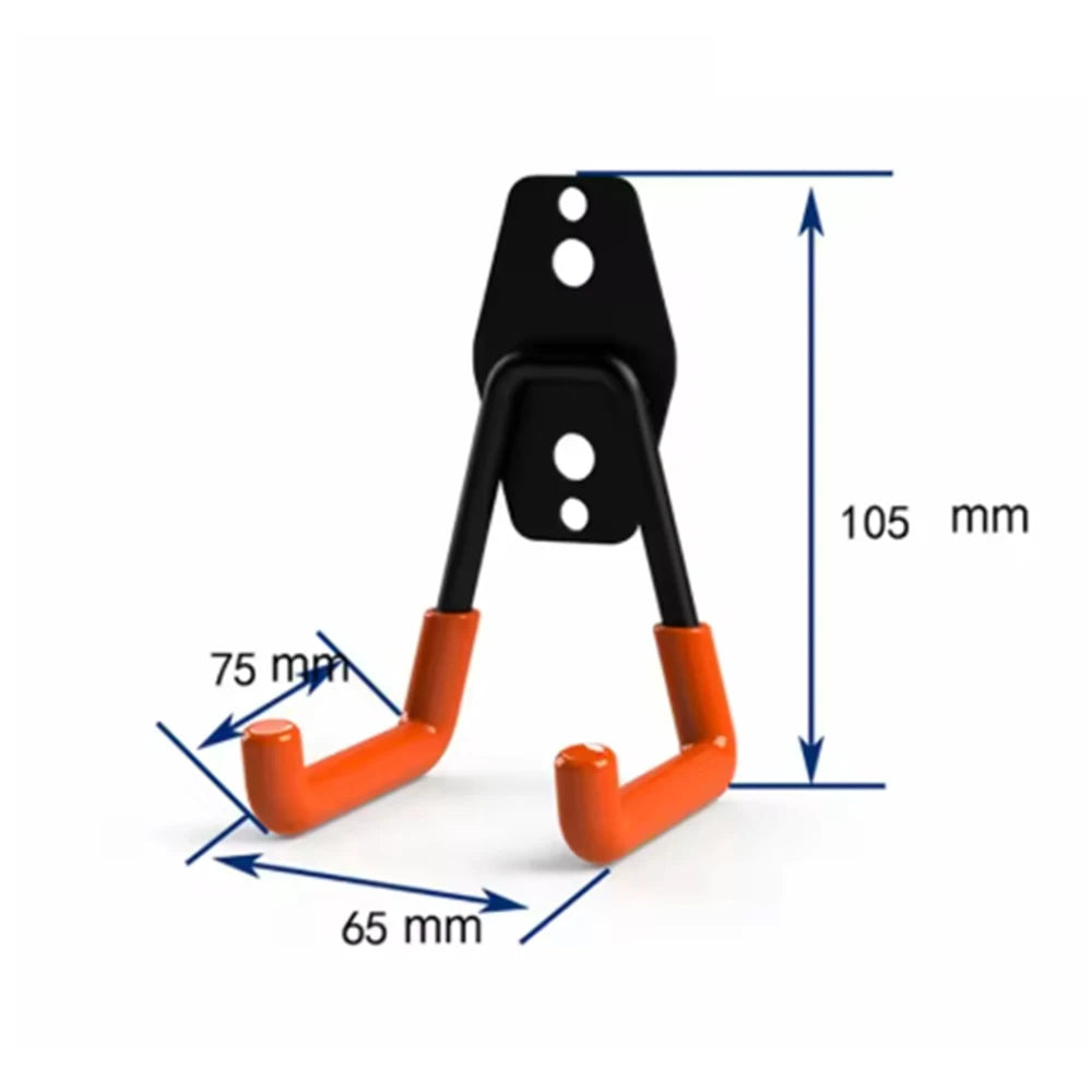 Un juego de ganchos metálicos para pared resistentes, con placa de montaje negra y ganchos curvos naranjas.