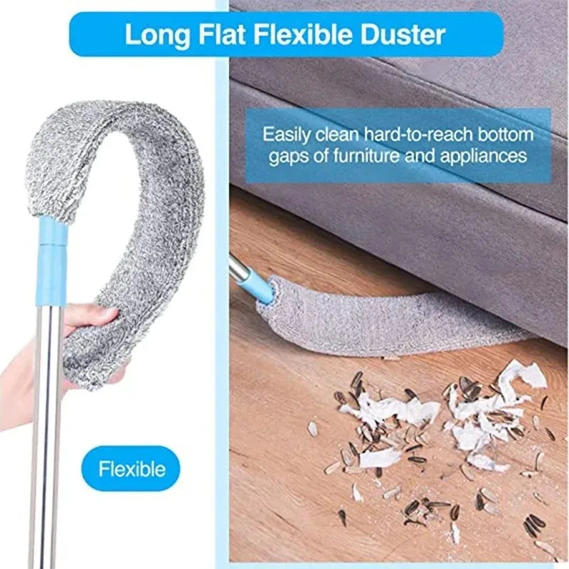 A long flat flexible duster with a handle is shown cleaning dust from the bottom gaps of furniture and appliances.