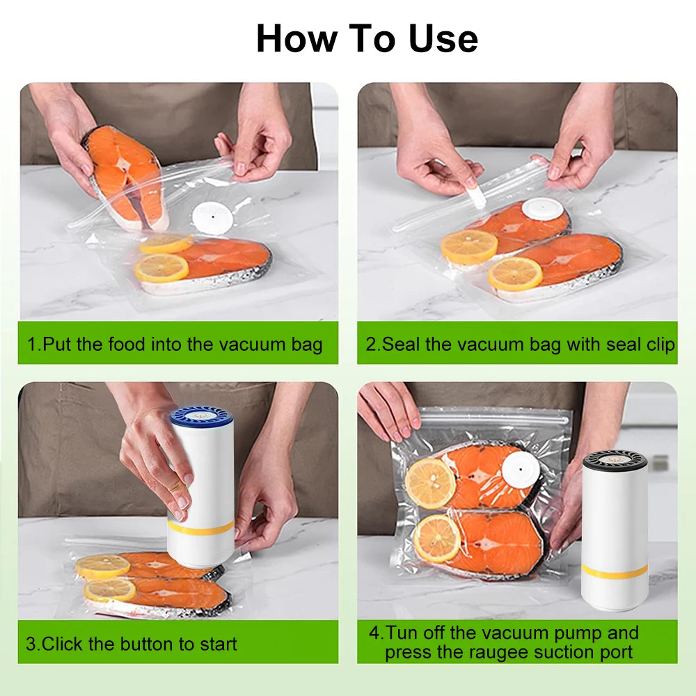 Instructions showing how to use a handheld electric air pump for sealing food storage bags