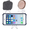 Clear acrylic display stands holding a dark stone and a round, tan object.