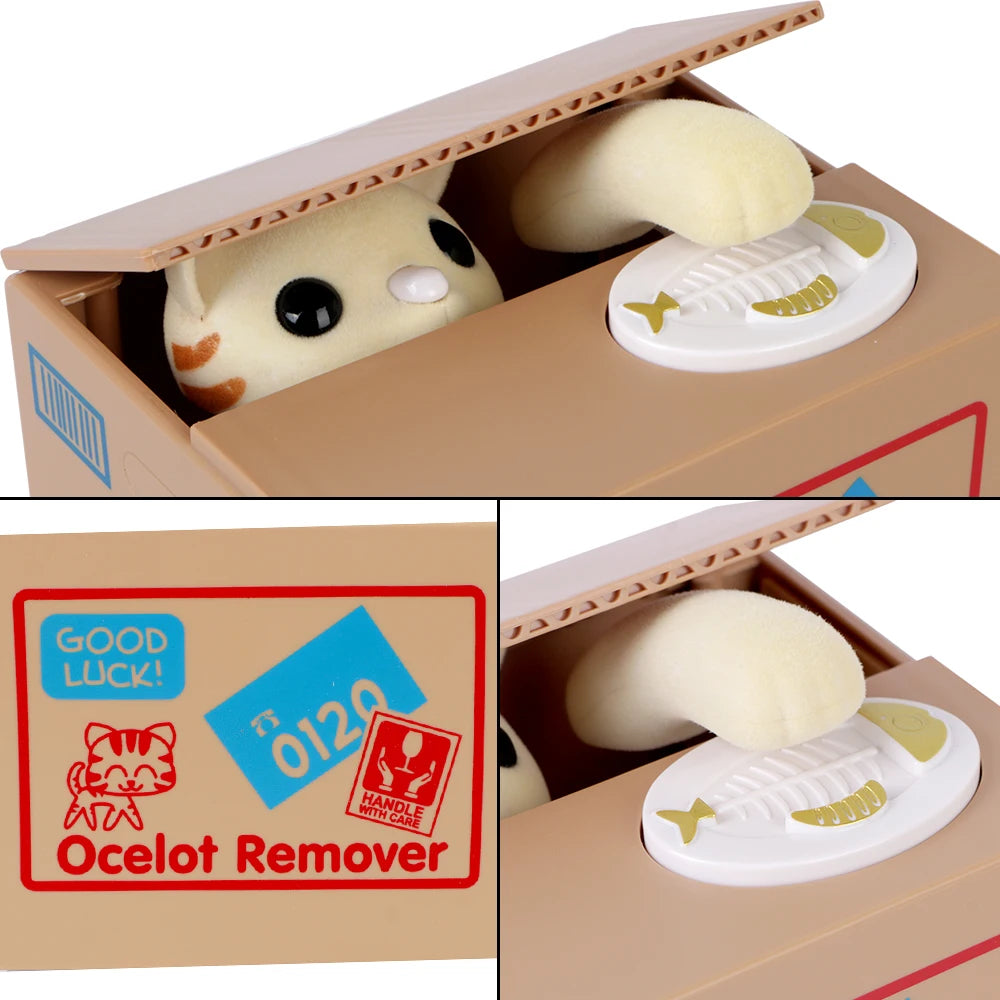 Animierte Tier-Sparmappe mit weißem Schweinchen und Fisch-Design in einer Kartonbox.