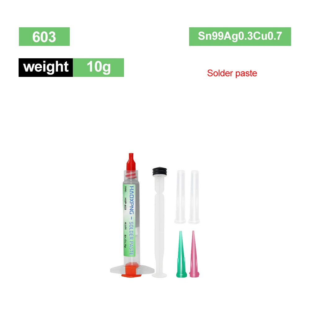 A set of solder paste components including a syringe and various sized dispensing tips for high-temperature solder paste flux