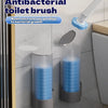 A no-contact disposable antibacterial toilet brush set with a long handle is shown mounted on a wall.