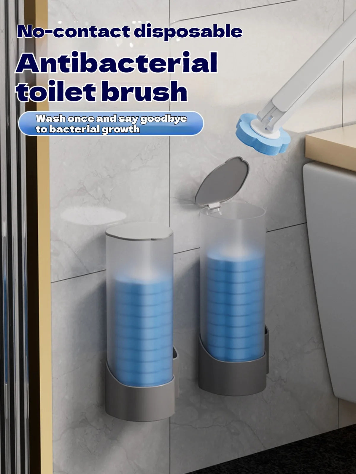 A no-contact disposable antibacterial toilet brush set with a long handle is shown mounted on a wall.