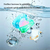 Laundry beads in various colors and shapes are shown being washed with water, emphasizing increased solubility.